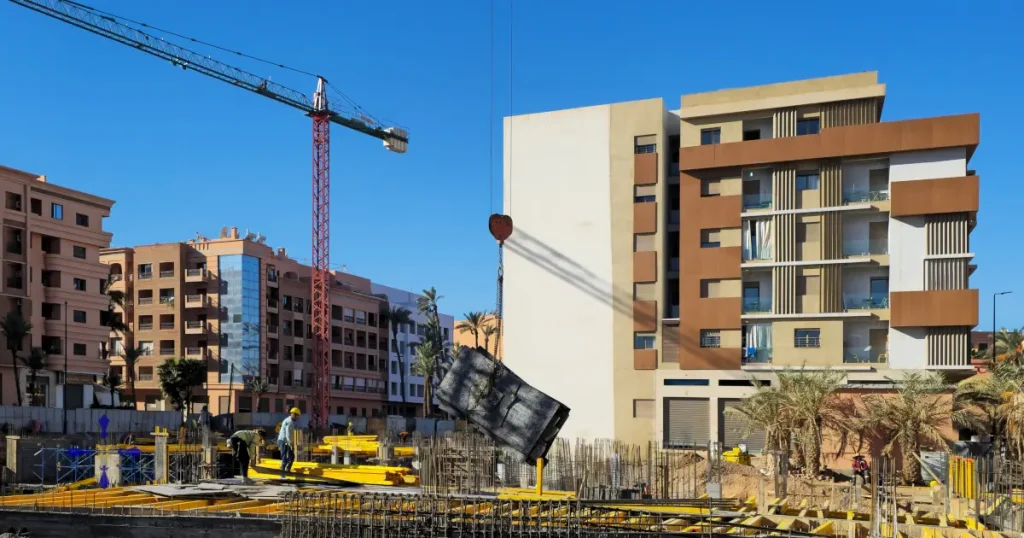 Chantier VEFA résidence sécurisée neuve Guéliz Marrakech 2025-2026 – grues et livraison de préfabriqué pour appartements standing avec piscine et gardiennage 24/7