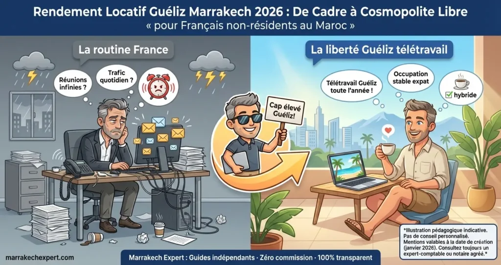 Infographie rendement locatif Gueliz Marrakech 2026 : occupation stable demande expat 