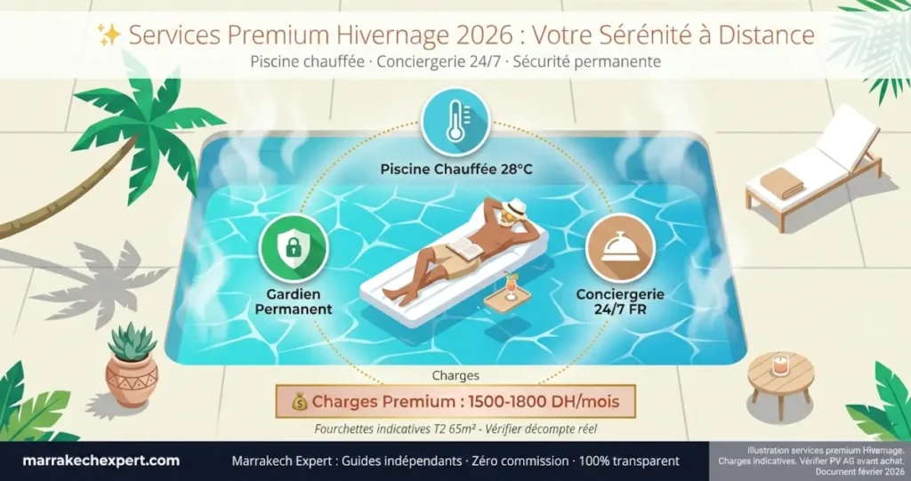 Services premium appartement luxe Hivernage Marrakech 2026 : piscine chauffée 28°C, conciergerie multilingue 24/7 français, gardien permanent et charges copropriété pour retraités français