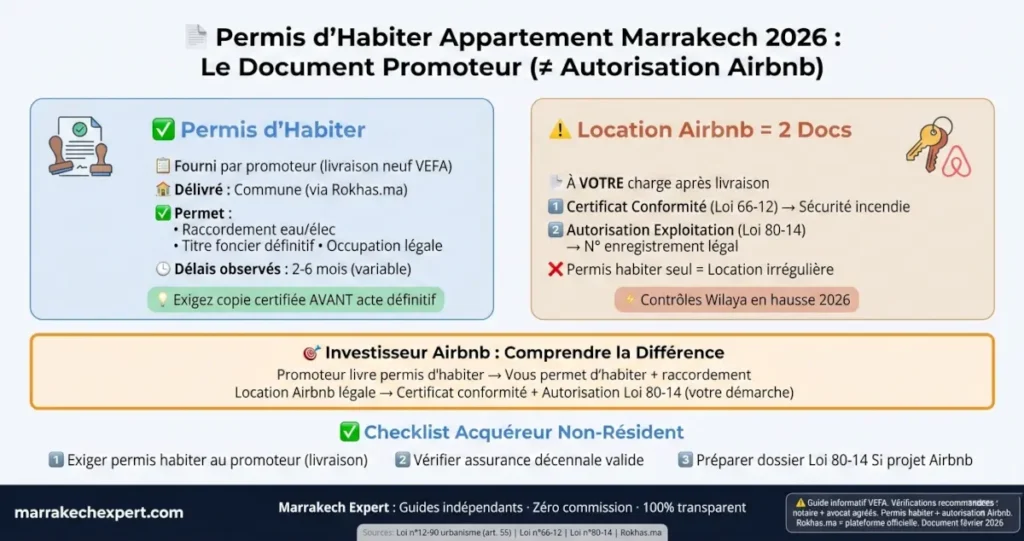 Infographie Permis d'Habiter Appartement Marrakech 2026 : document fourni par le promoteur à la livraison VEFA (raccordement eau/électricité + titre foncier définitif) vs les 2 autorisations Airbnb à votre charge (résidents fiscaux français Gueliz Hivernage Agdal)