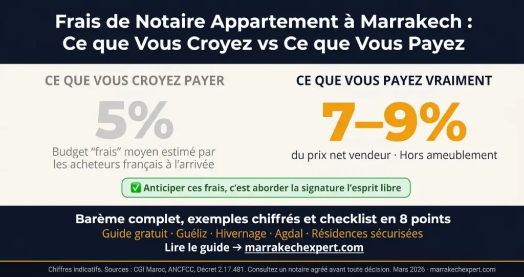 Frais de notaire appartement Marrakech 2026 - Ce que vous croyez payer (5 %) vs ce que vous payez vraiment (7-9 %) pour une résidence sécurisée Gueliz Hivernage Agdal - Barème officiel 2026 pour Français résidents fiscaux