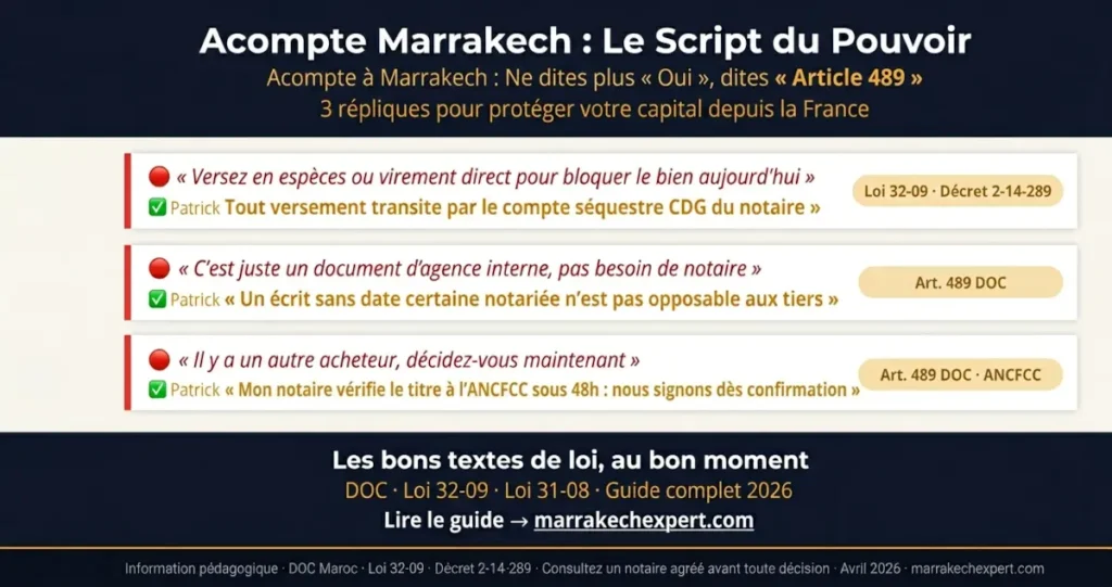 Infographie sur la sécurisation de l'acompte immobilier à Marrakech : répliques juridiques basées sur la Loi 32-09 et l'Article 489 du DOC pour protéger le capital des Français non-résidents en 2026.